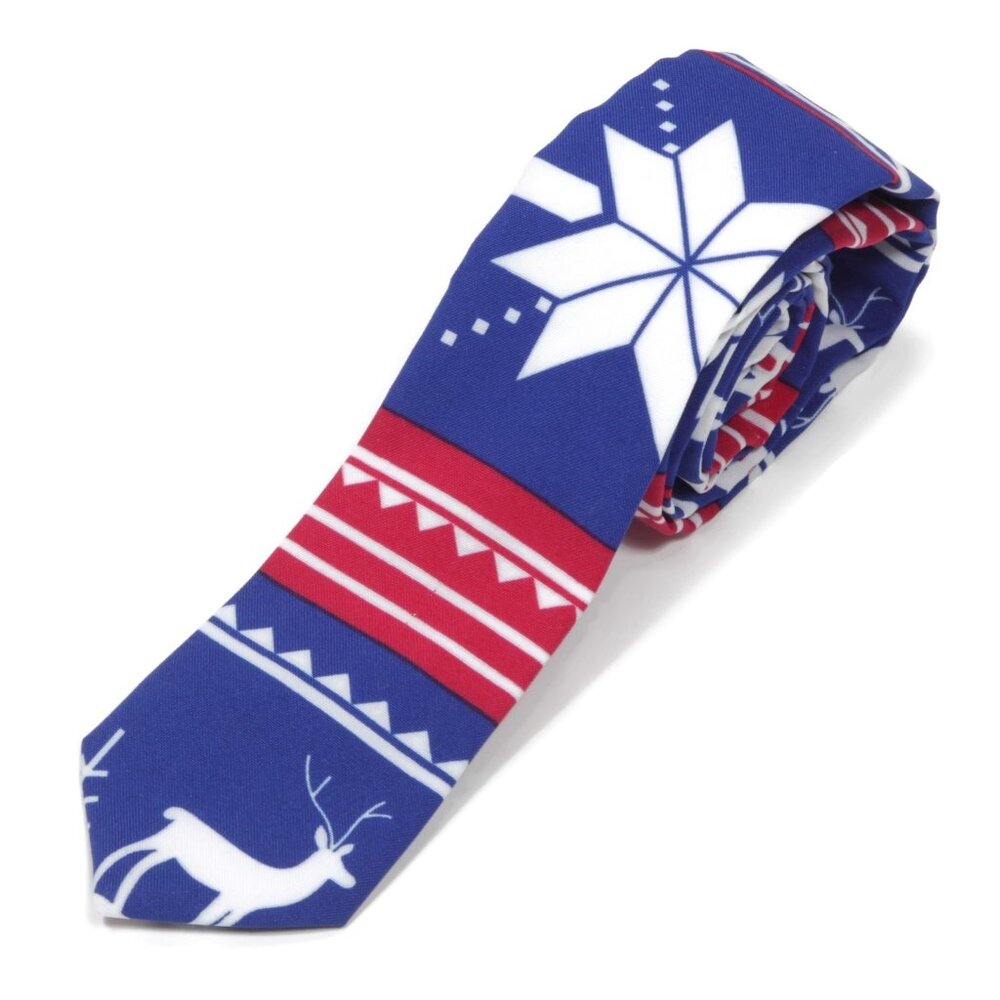 Opposuits Deer Elk Reindeer Snowflake Nordic Fair Isle Men's Neck Tie Blue White
